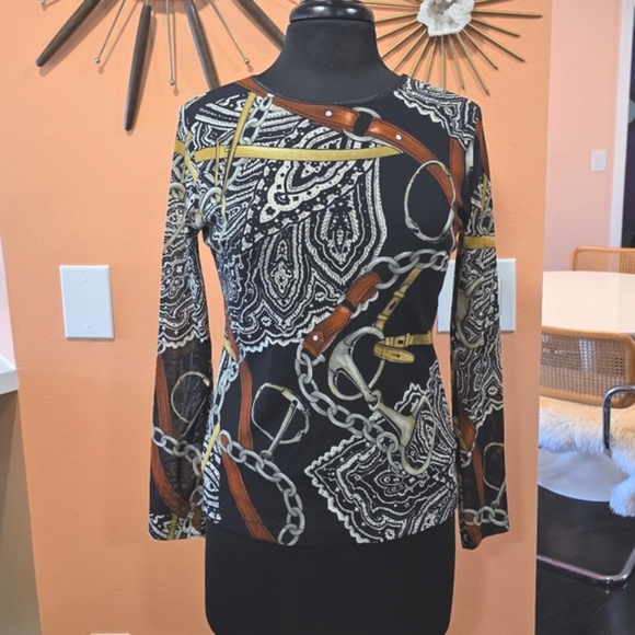 Vintage Euro Mesh Top Moda Style M?  Black & Brown Chain Print Blouse - Picture 1 of 15